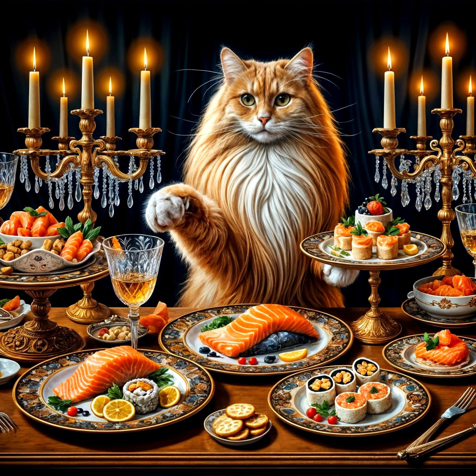 Elegant Cat Serves Gourmet Salmon Feast in Royal Portrait St...