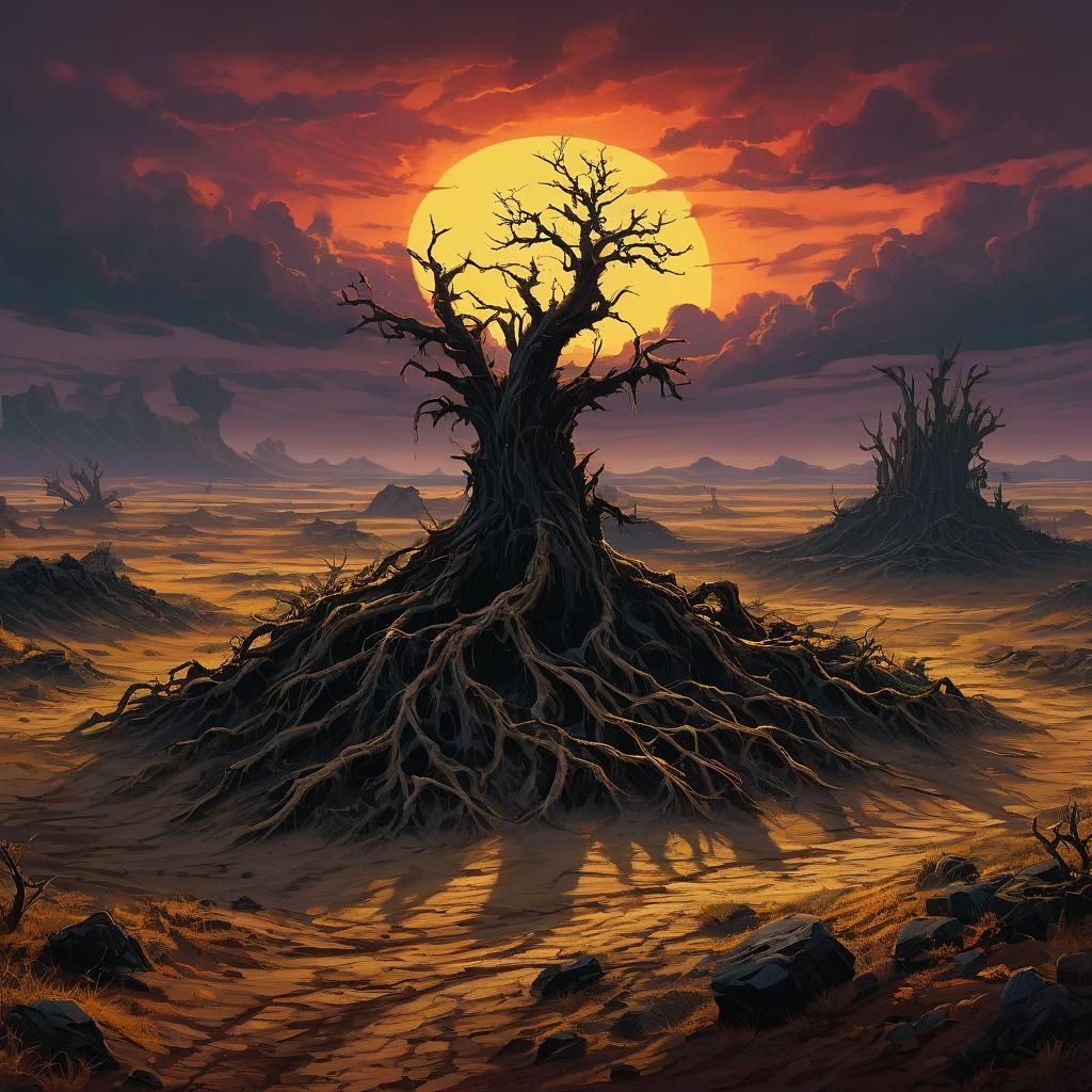 Pixel Art Horror: Ribcage Landscape in Golden Light