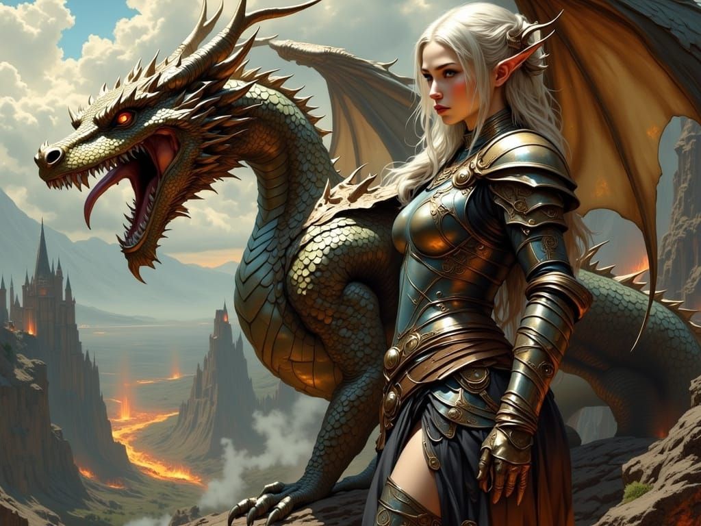 Elven Woman with Copper Dragon on Caldera Rim