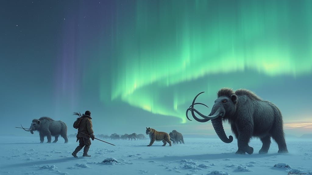 Early Humans Hunt Mega Animals Under Aurora Borealis