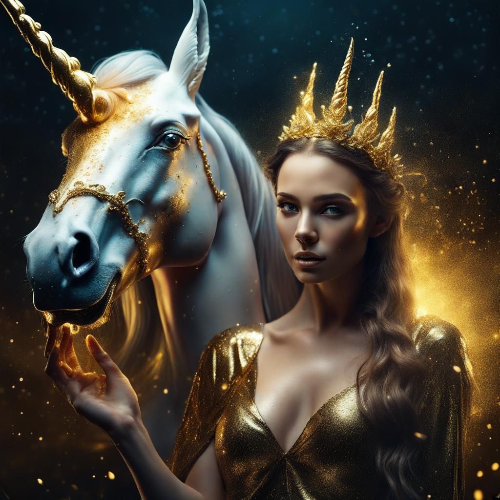 Woman and Unicorn with Gold Water Droplets