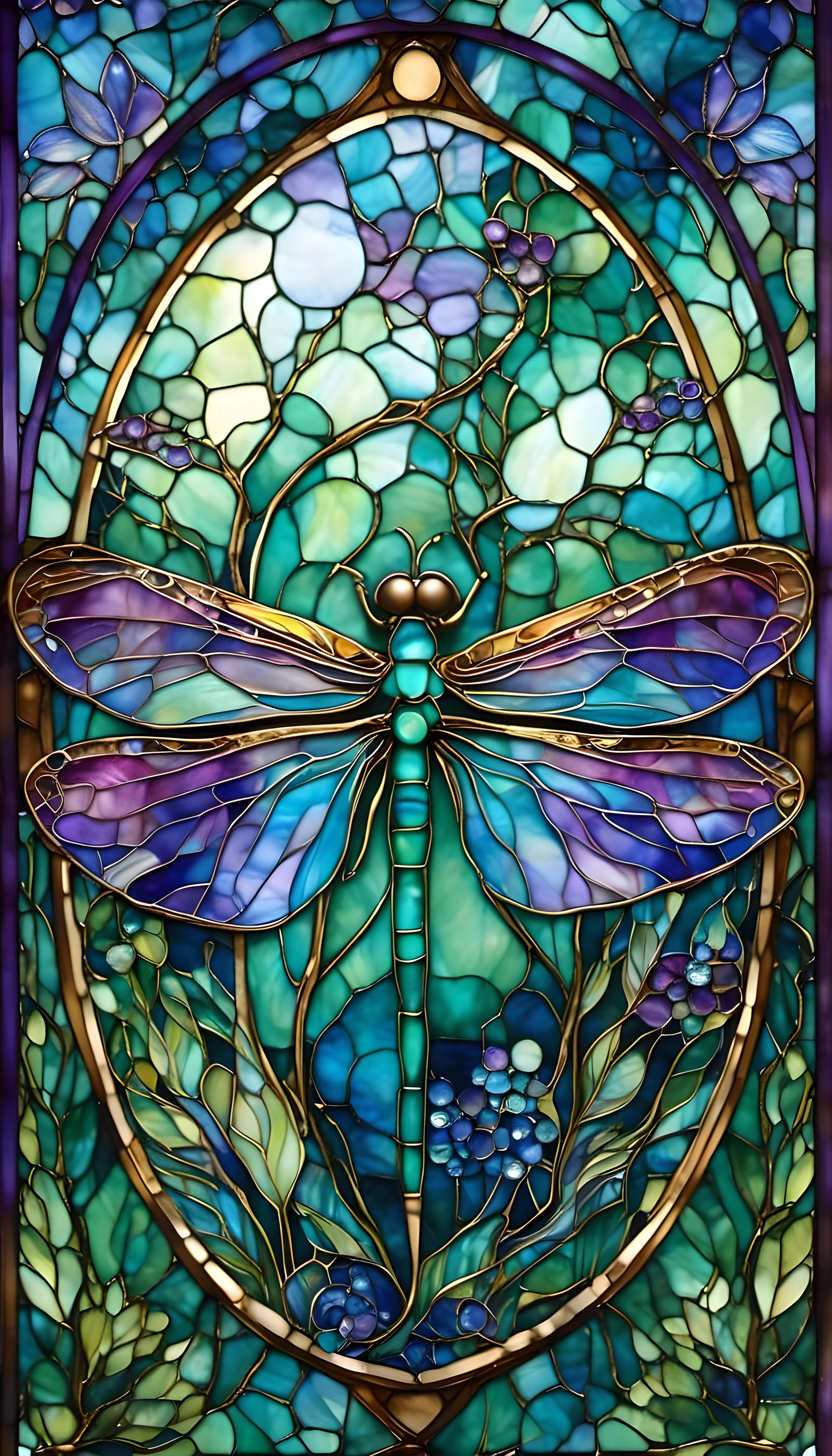 Vibrant Stained Glass Dragonfly in Gold Frame