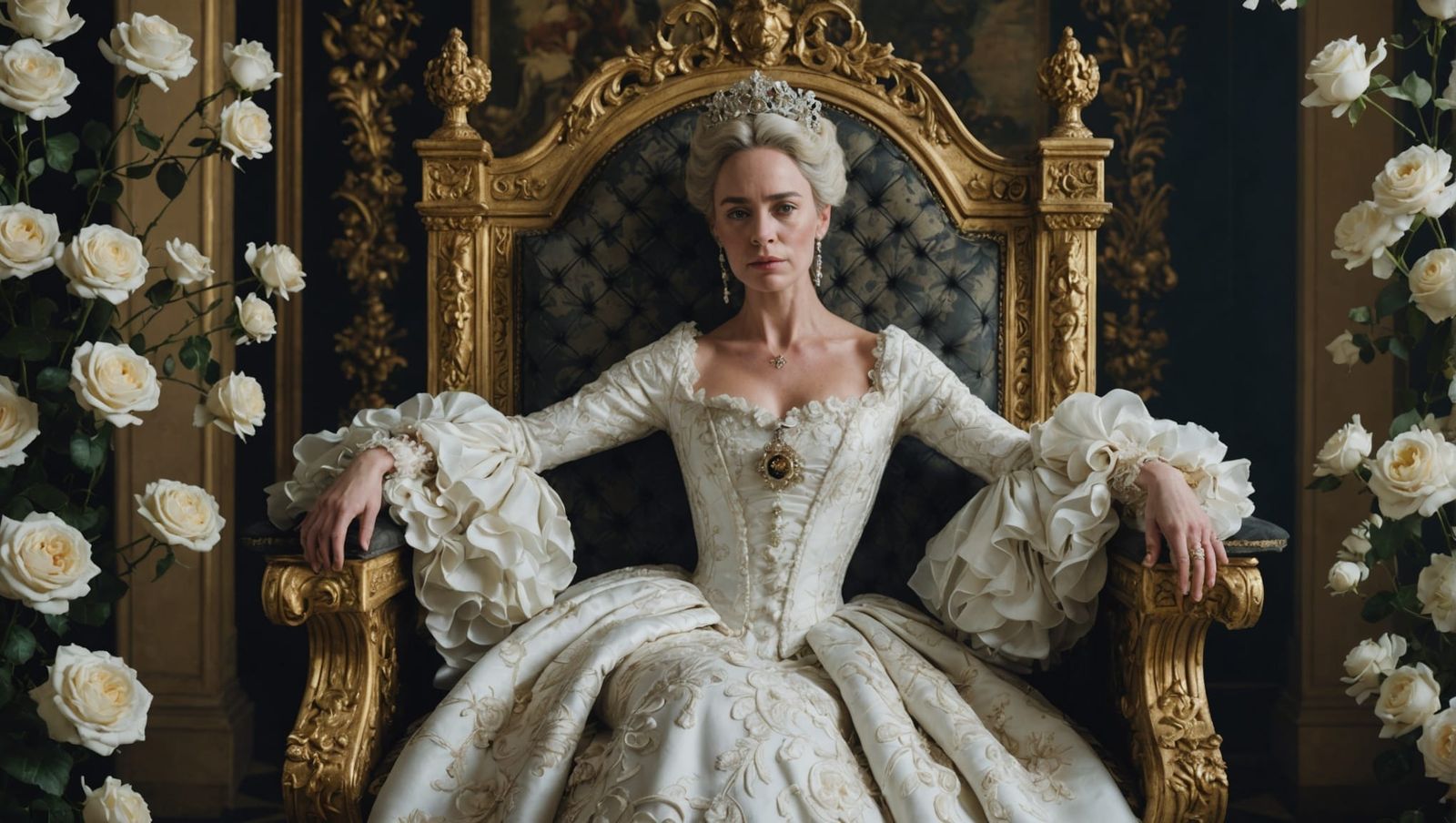 Queen on Floral Throne: Baroque Rococo Portrait