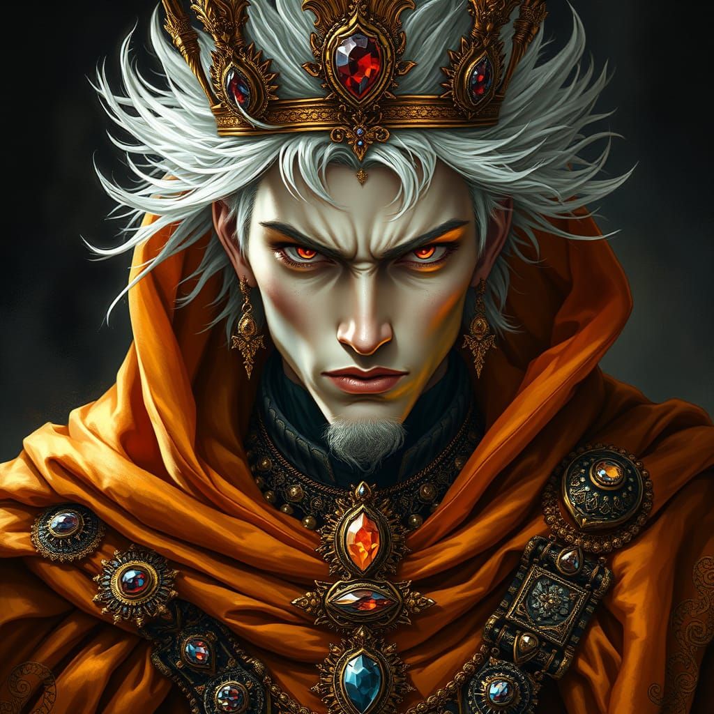 Malevolent Young King in Opulent Golden Orange Cloak