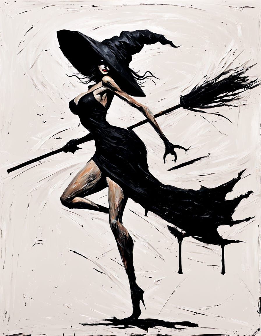 Abstract Halloween Witch Flying on Broomstick