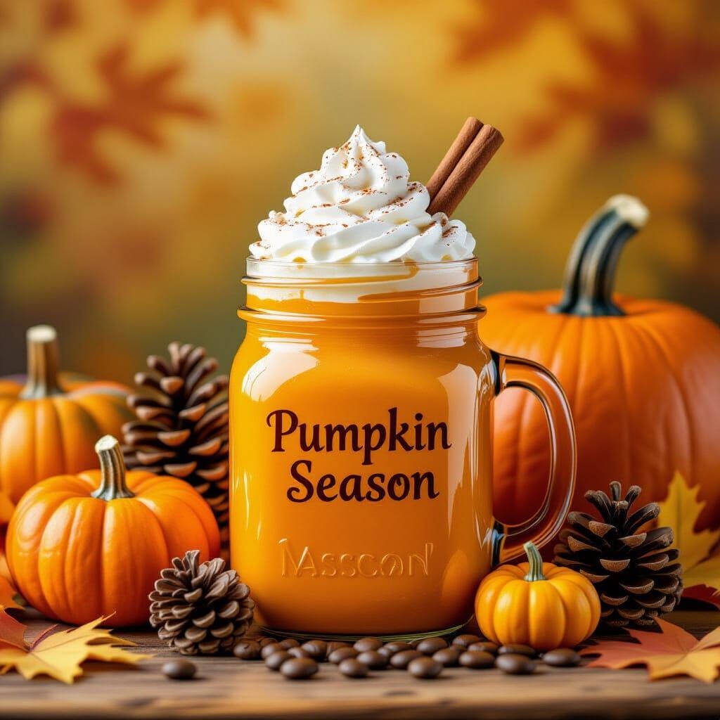 Vibrant Orange Mason Jar with Pumpkin Season Text - Airbrush...