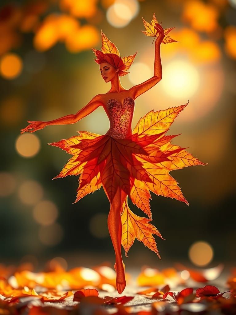 Dancer Sculpted from Maple Leaves in Ethereal Light