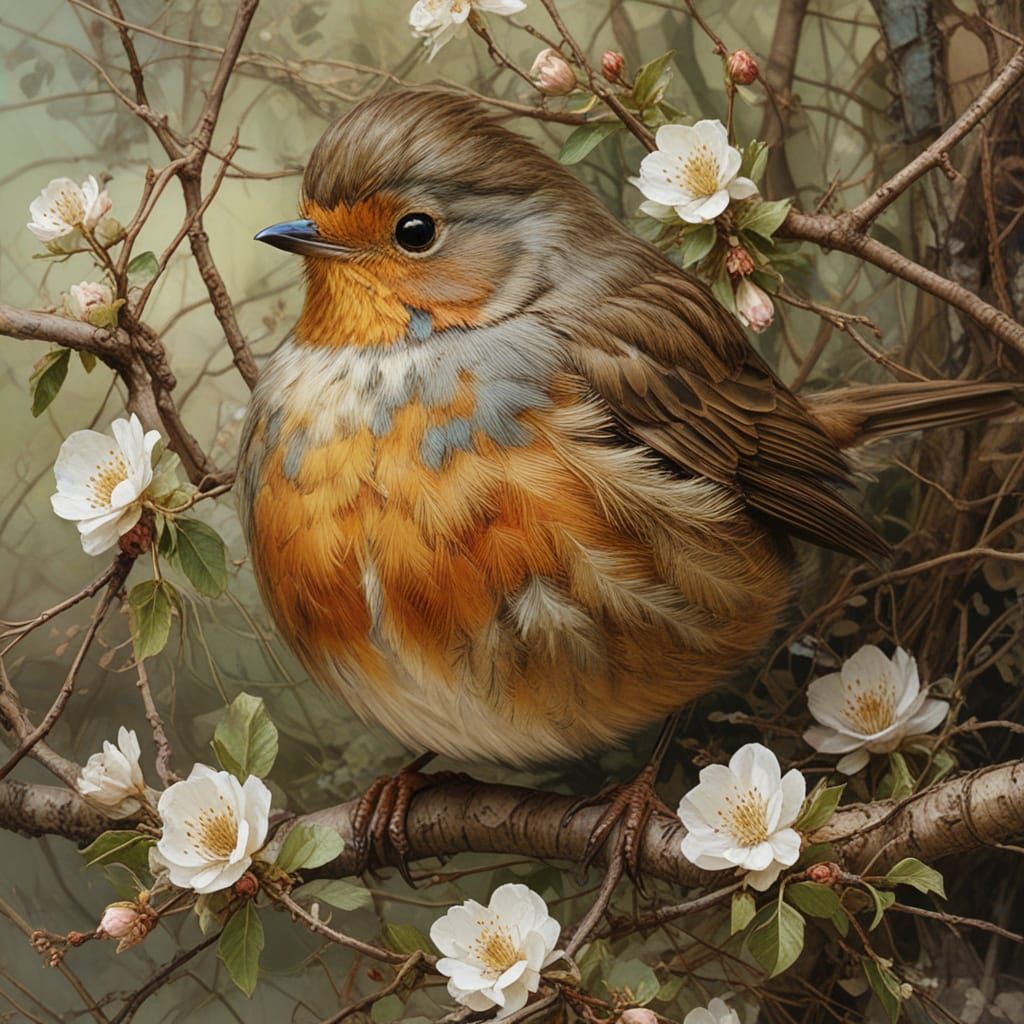 Robin in Spring, Painterly Forest Scene