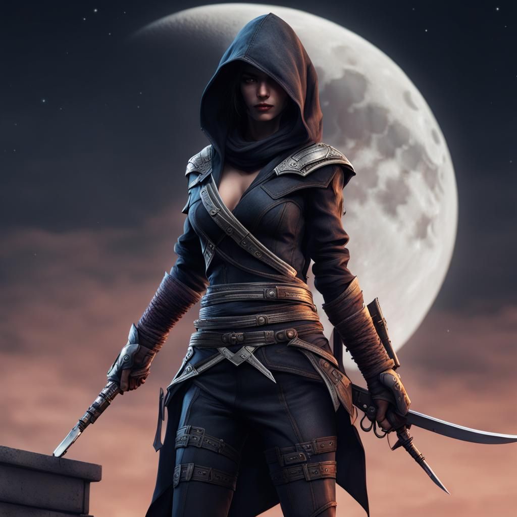 Female Assassin with Moon Background in 4K