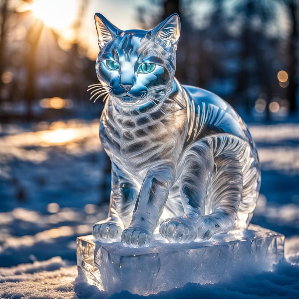 Iridescent Ice Cat Sculpture in Sunlight