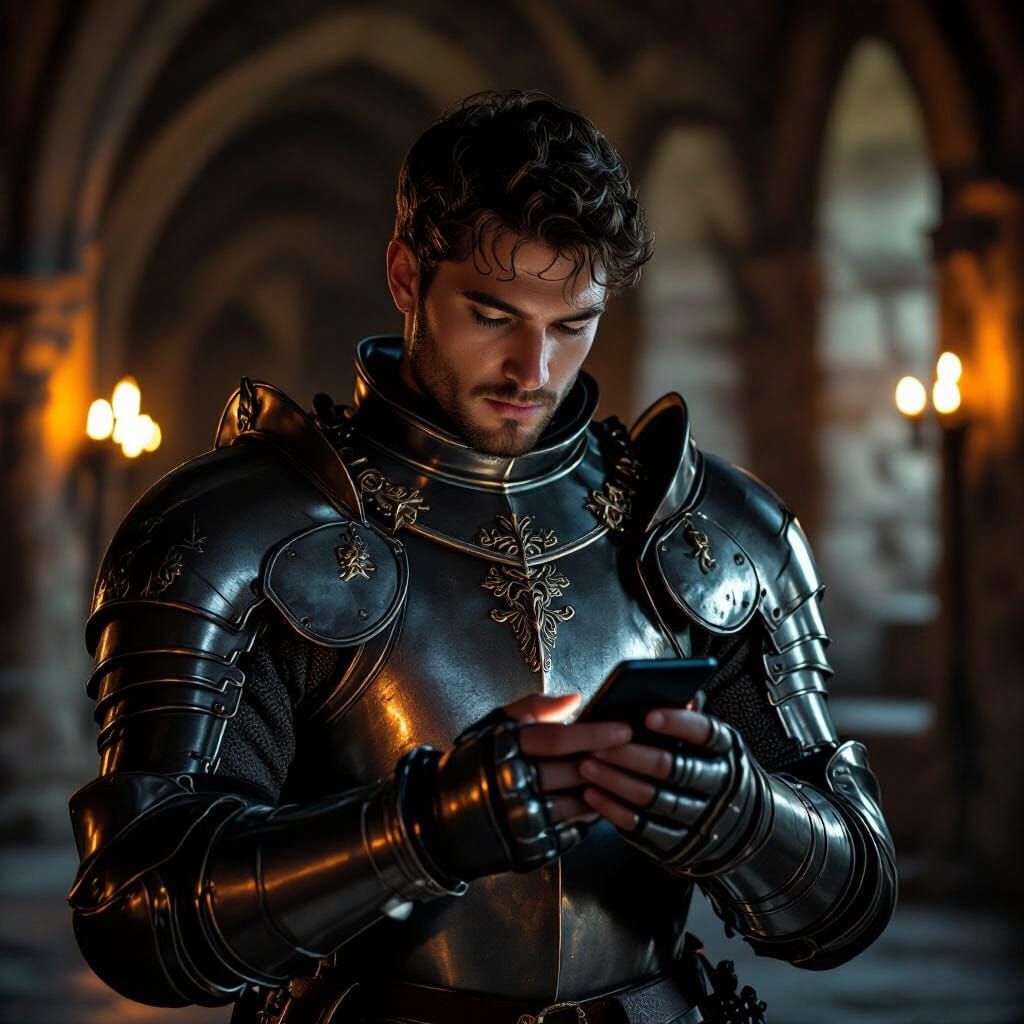 Knight in Armor Uses Smartphone in Castle Hall