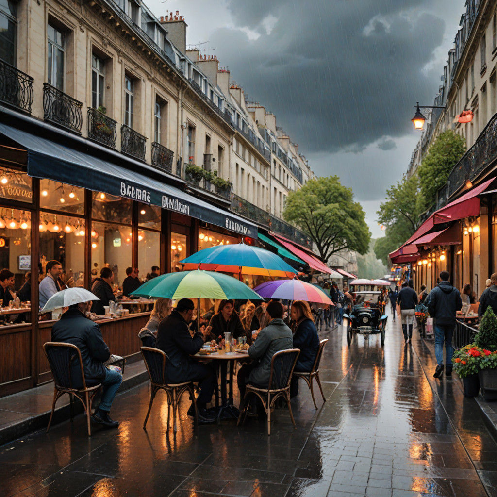 Romantic Paris Street Scene with Couples and Umbrellas in Ra...