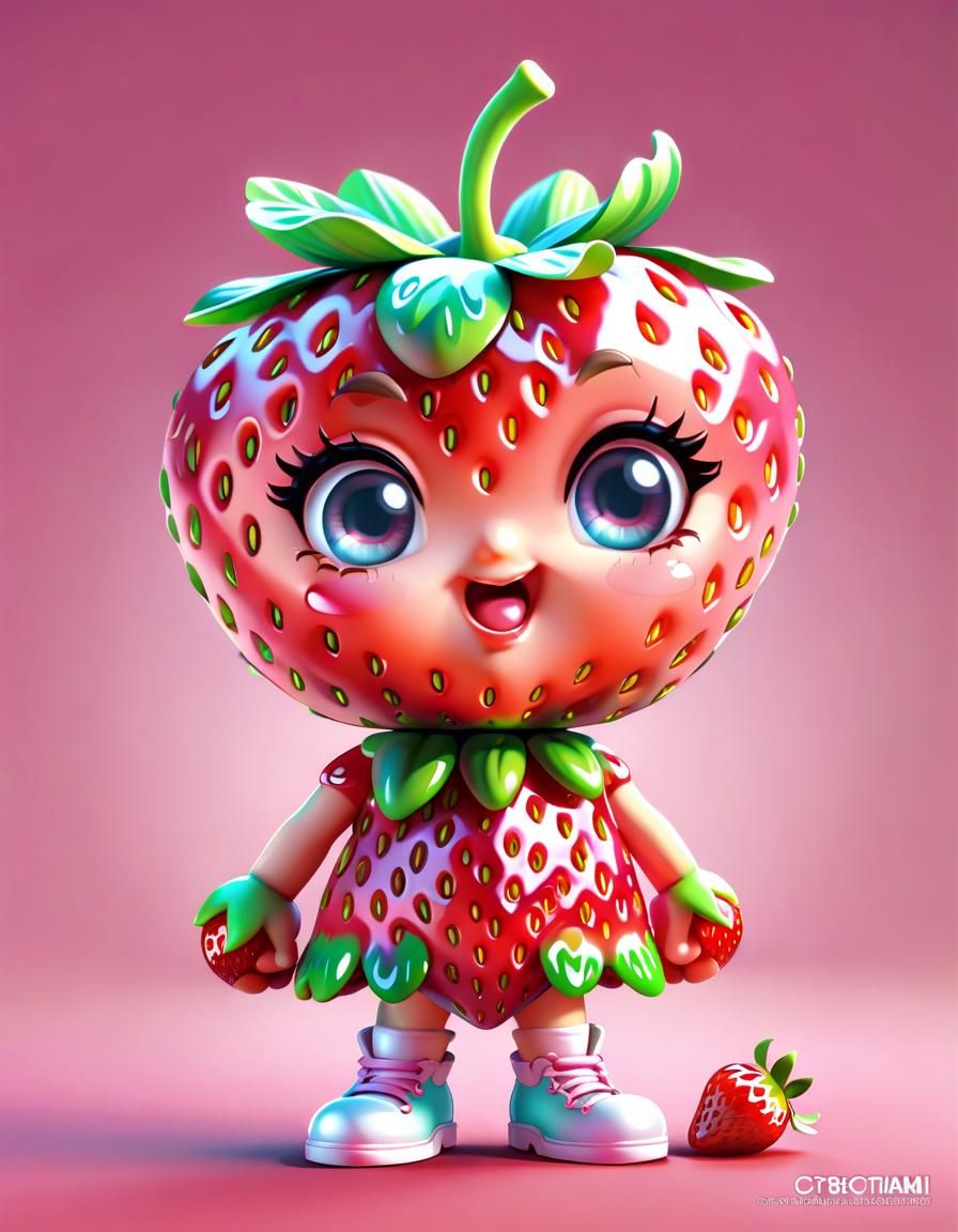 Cute Chibi Strawberry Character in Candy Art Style
