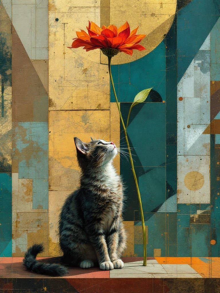 Cat Beneath Flower with Fragmented Geometric Light