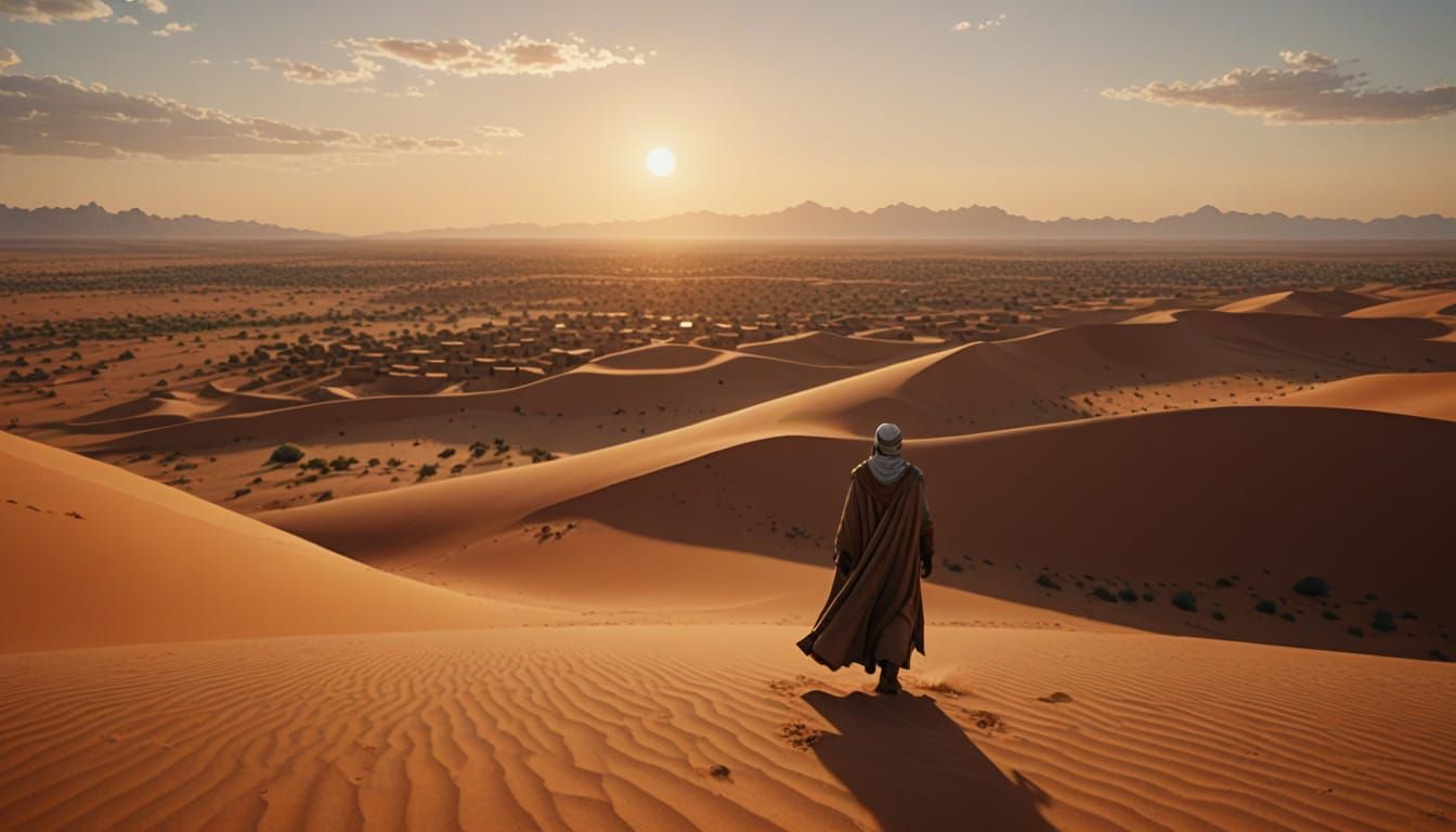 Epic Desert Sunset with Figure in Traditional Attire