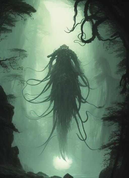 Tentacled Horror Over Forest: Dark Fantasy Concept Art