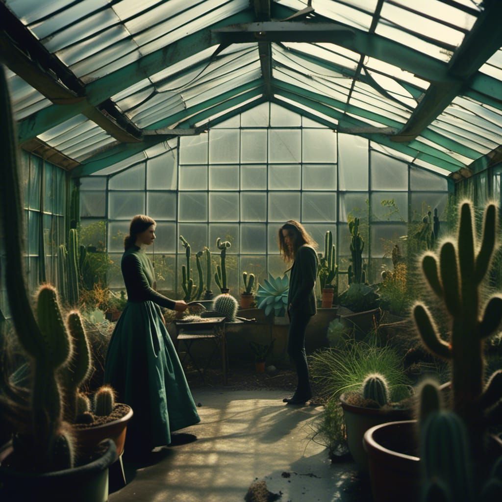 Eerie Greenhouse Scene with Overgrown Plants
