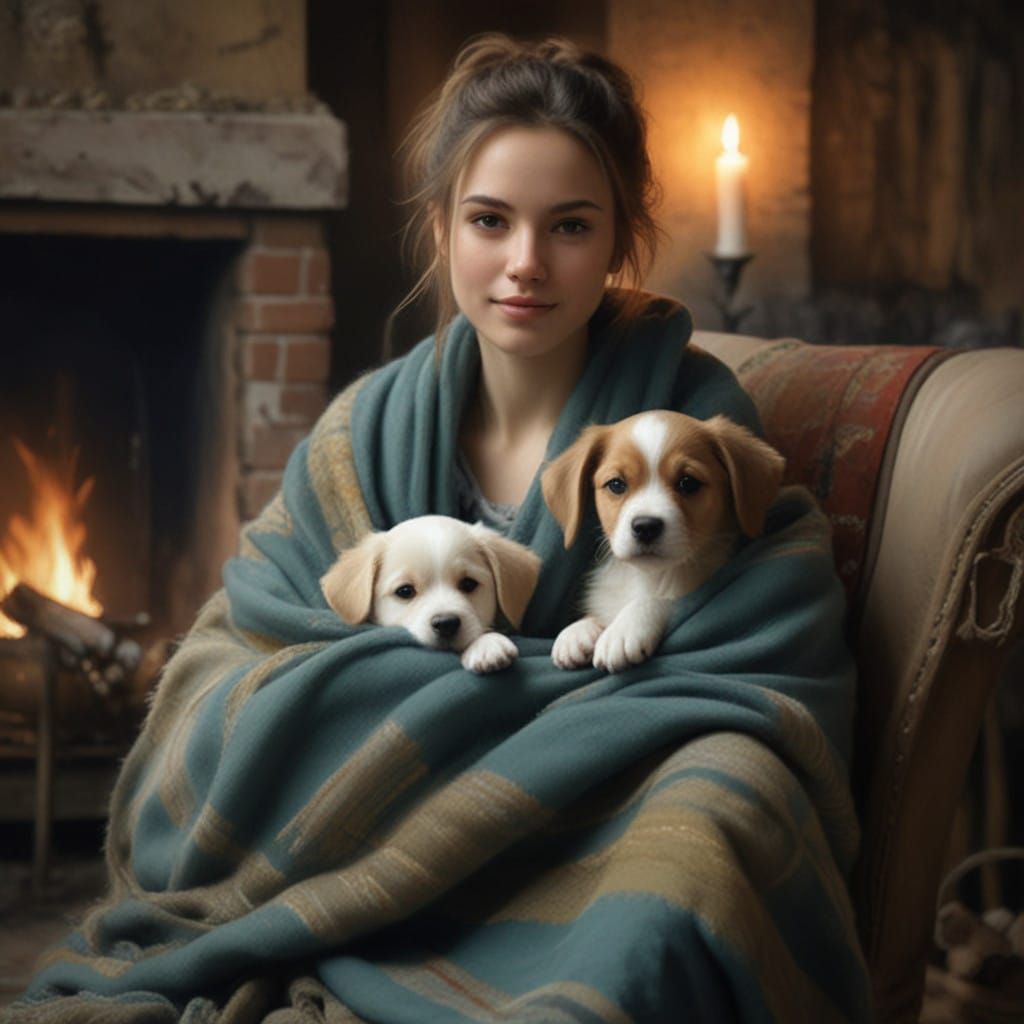 Sitting Beauty in Cozy Fireside Scene with Rough Textures an...