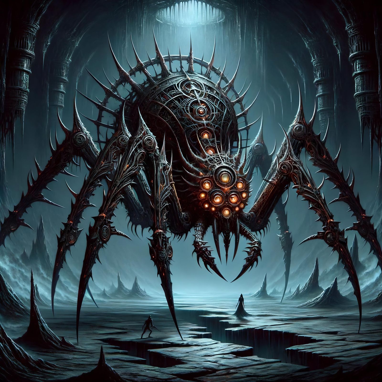 Dark Fantasy: Enormous Metallic Spider-like Retriever Constr...