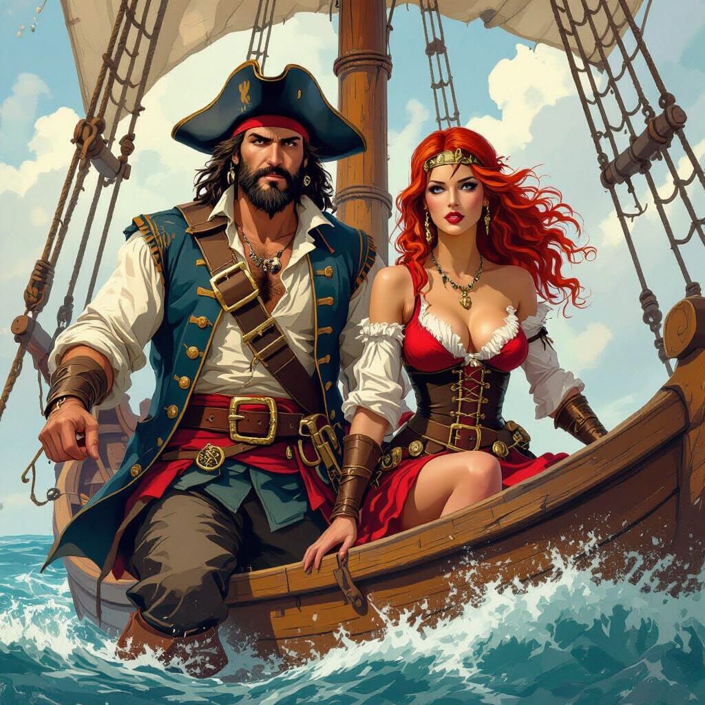Pirate Couple on Ship Bow in Illustration Style