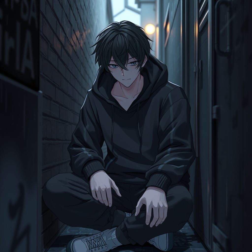 Mysterious Depressed Figure in a Dark Alleyway, in Anime Sty...