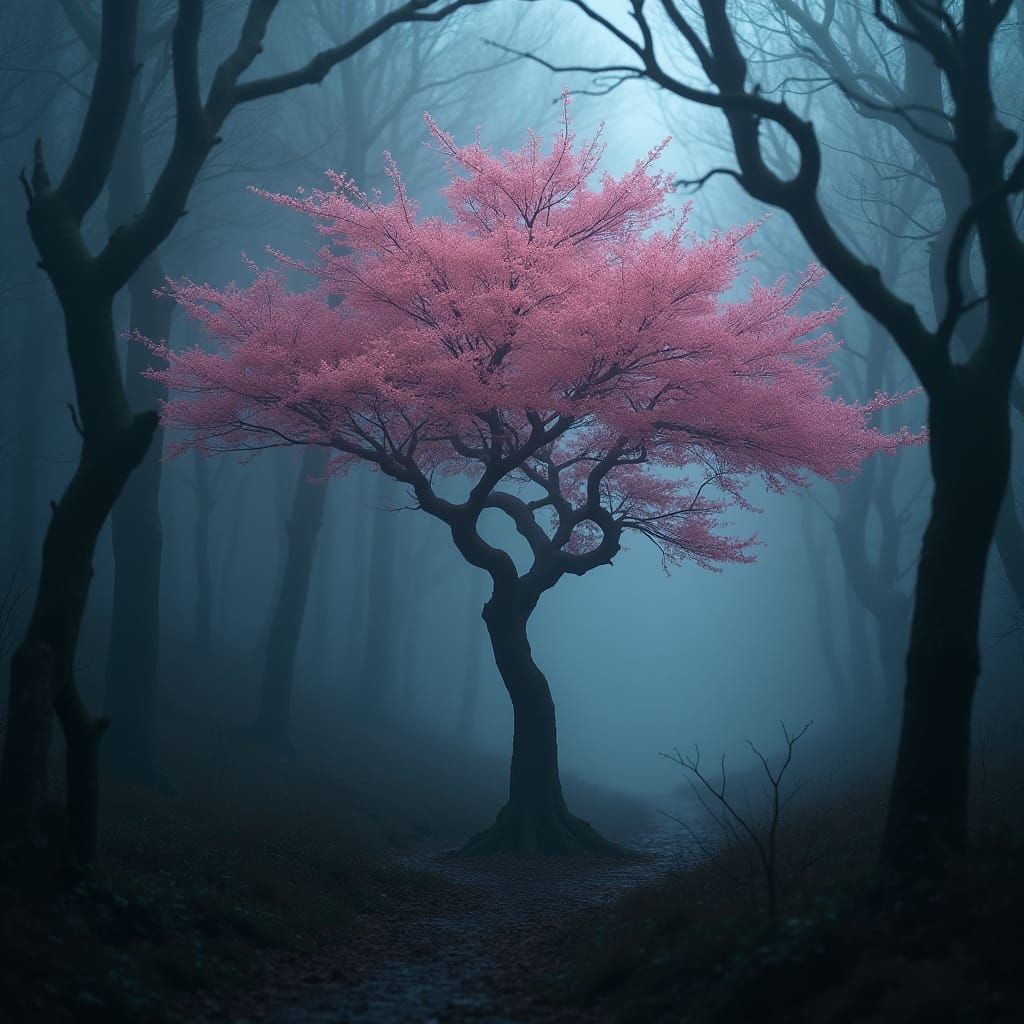 Surreal Sakura Tree Stands Amidst Mysterious Foggy Forest in...