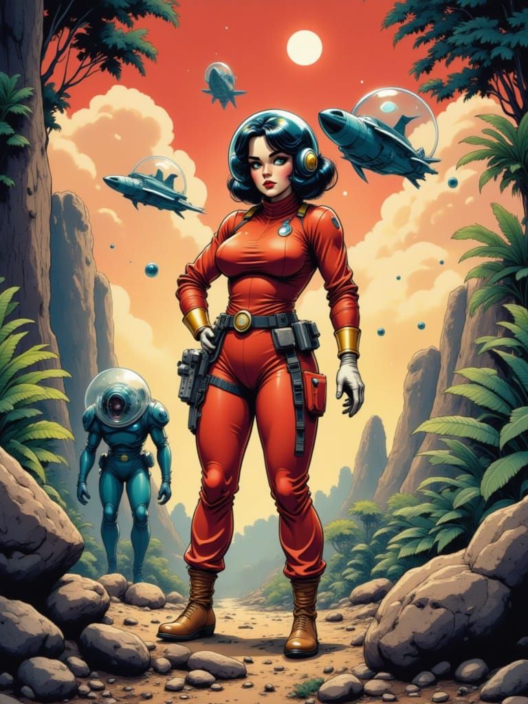 Retro Space Woman on Jungle Planet