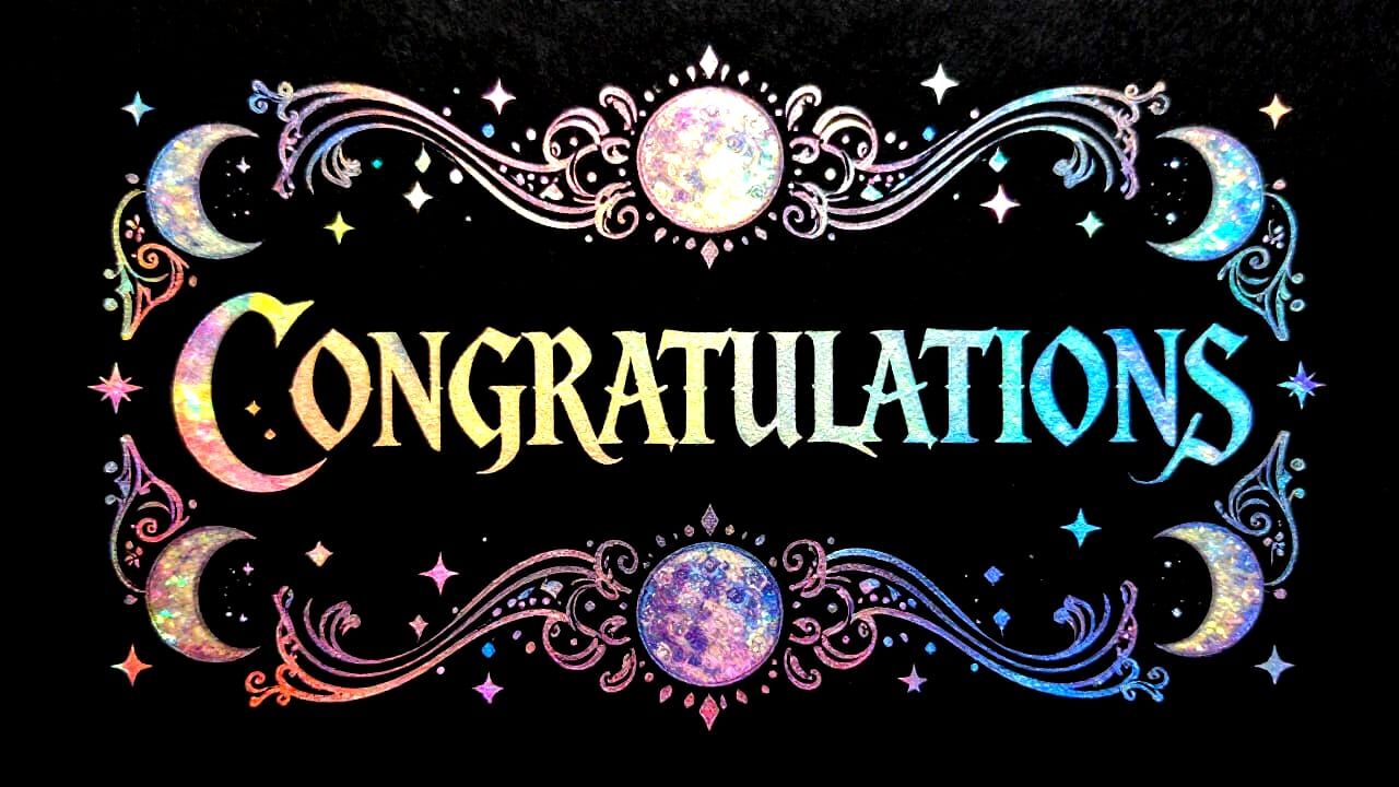 Holographic Congratulations Calligraphy with Moon and Stars