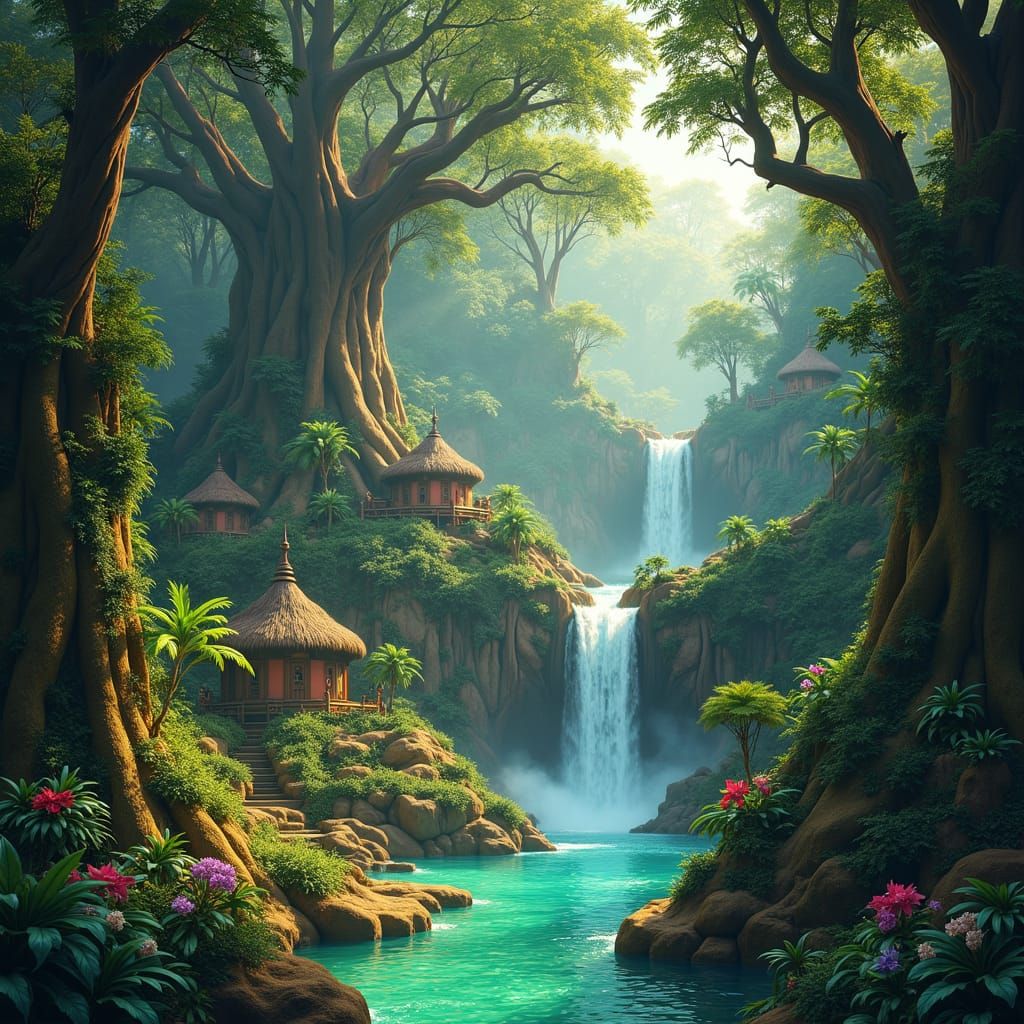 Mystic African Village in Iridescent Jungle