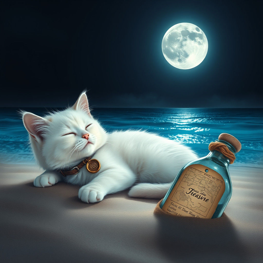 Kitty Sleeps on Moonlit Beach: 8k Matte Painting