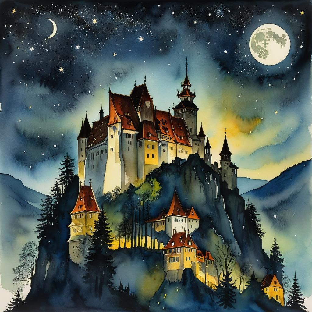 Bran Castle at Night in Watercolor and Ink
