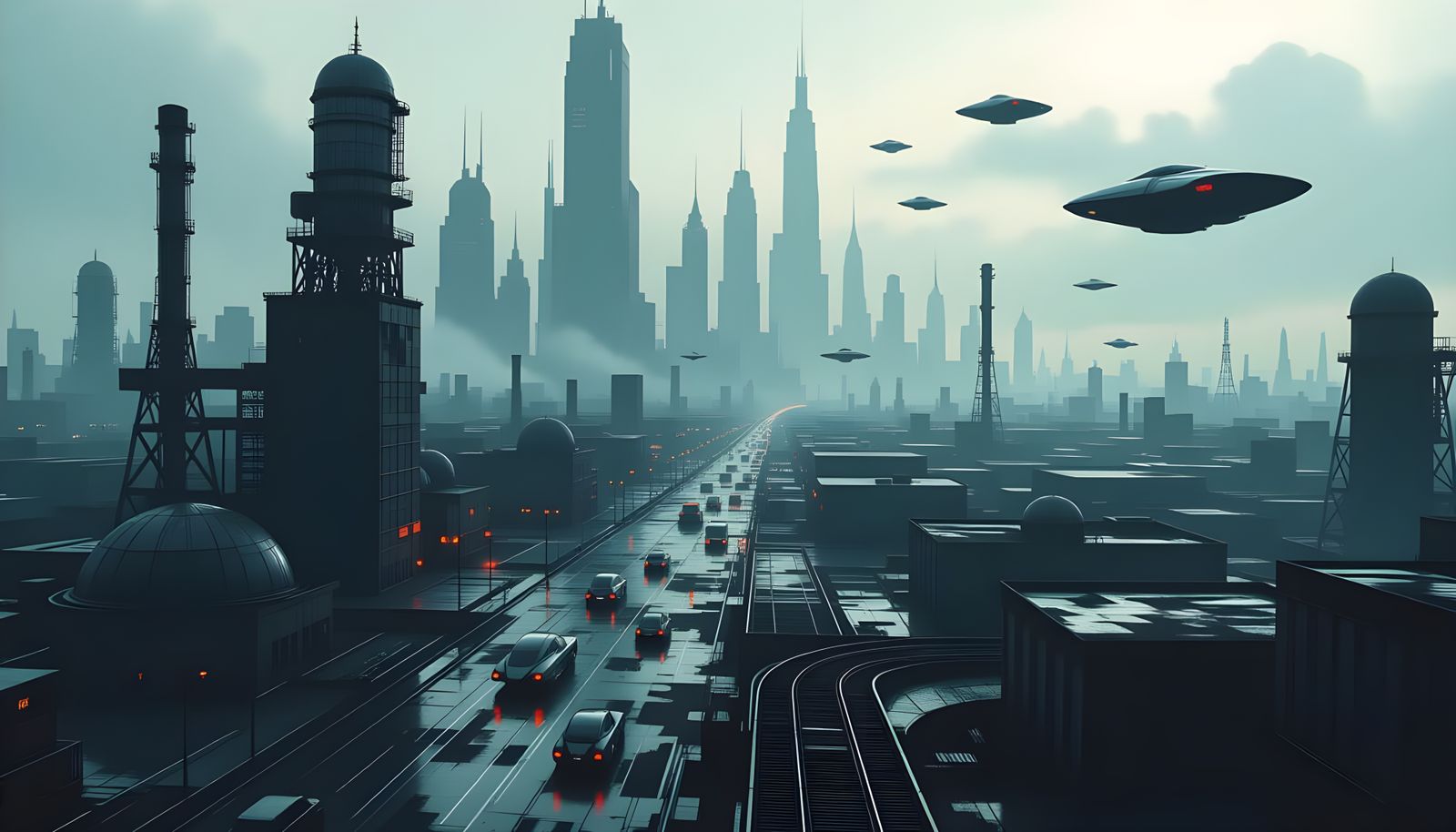 Gritty Sci-Fi City with Flying Cars: Top-Down View