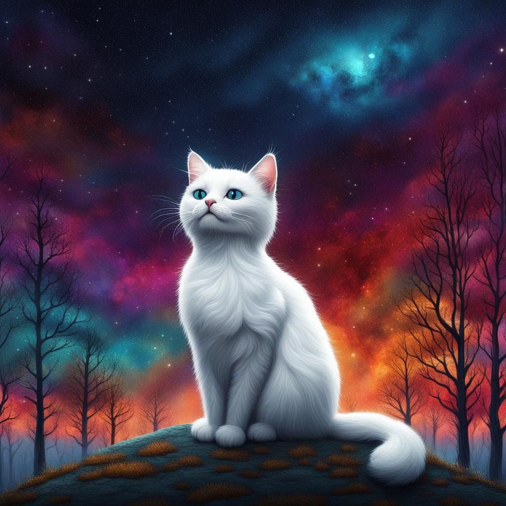 White Cat Contemplates Starry Sky as Detailed Matte Painting