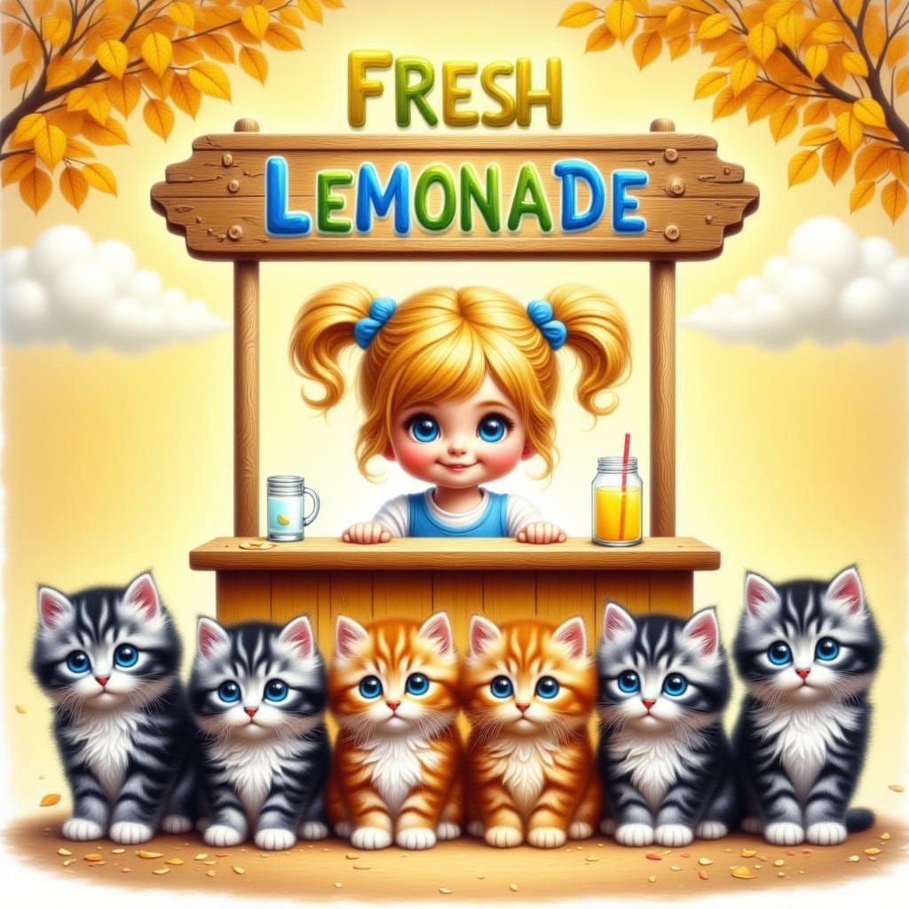 Whimsical Summer Scene with Girl and Kittens at Lemonade Sta...