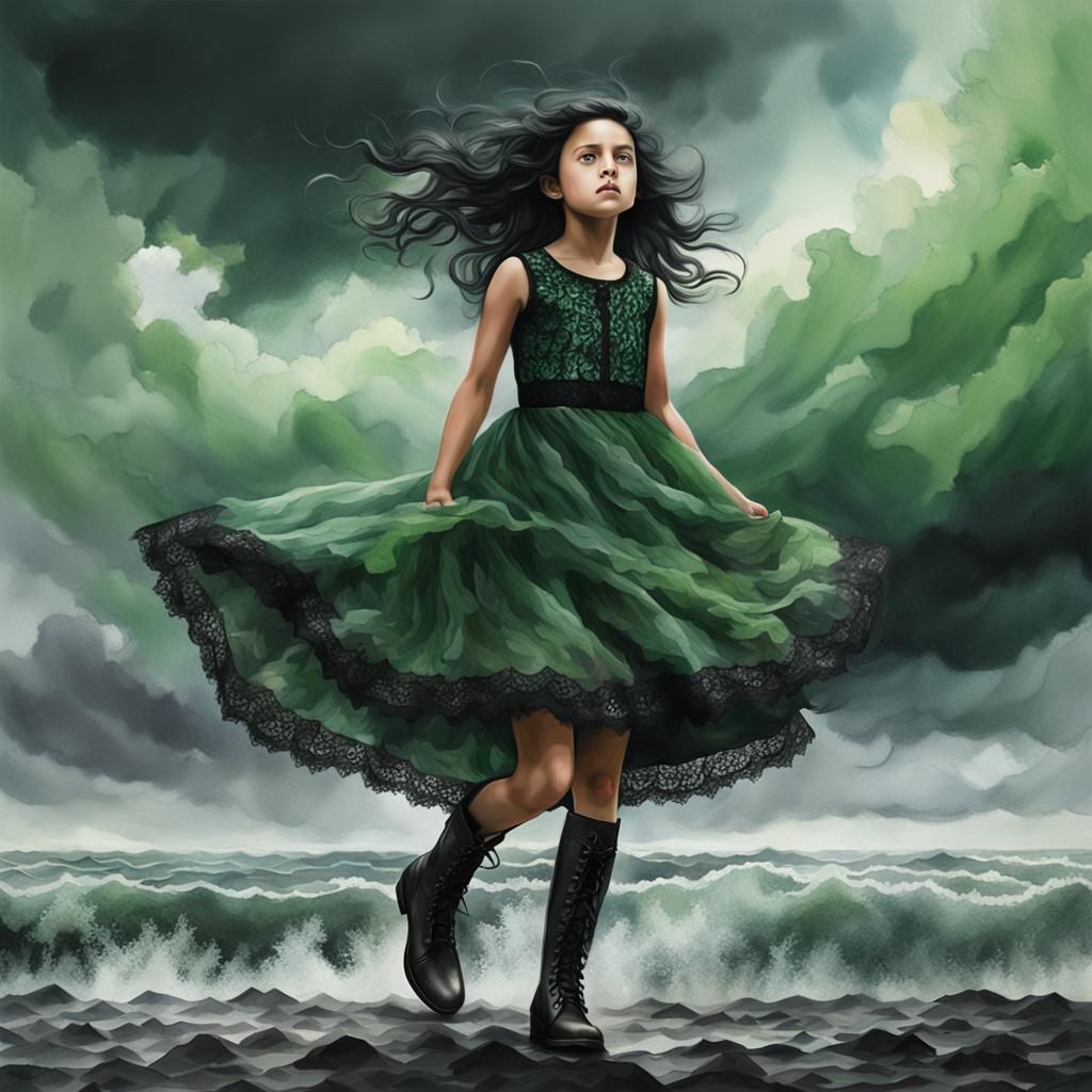 Girl in Green Dress Against Turbulent Sky