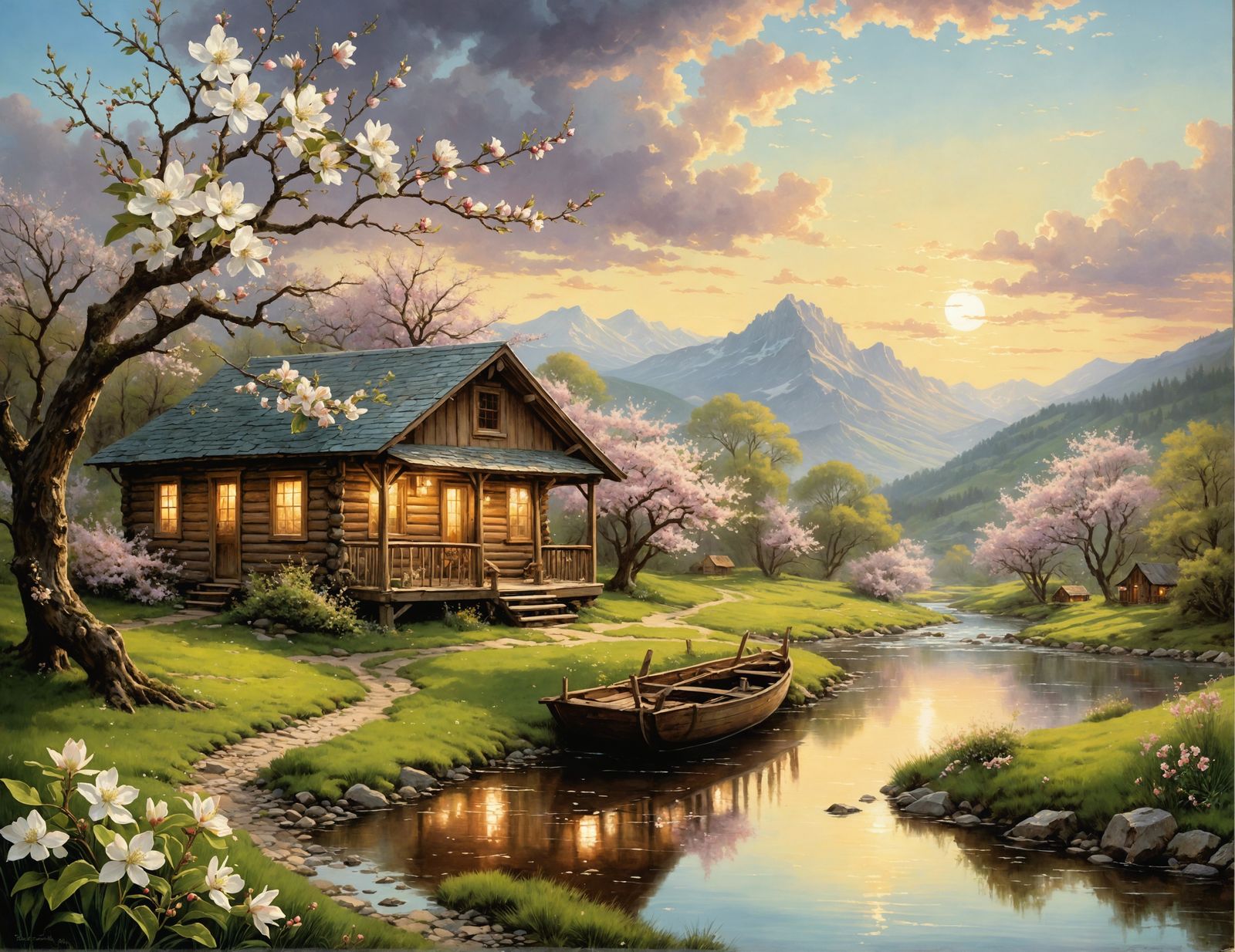 Blooming Spring Landscape in Watercolor Style