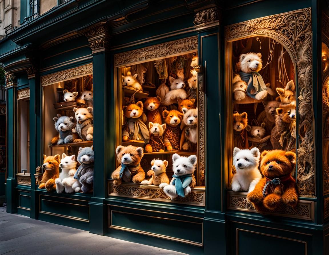 Adorable Stuffed Animals in Whimsical Shop Window