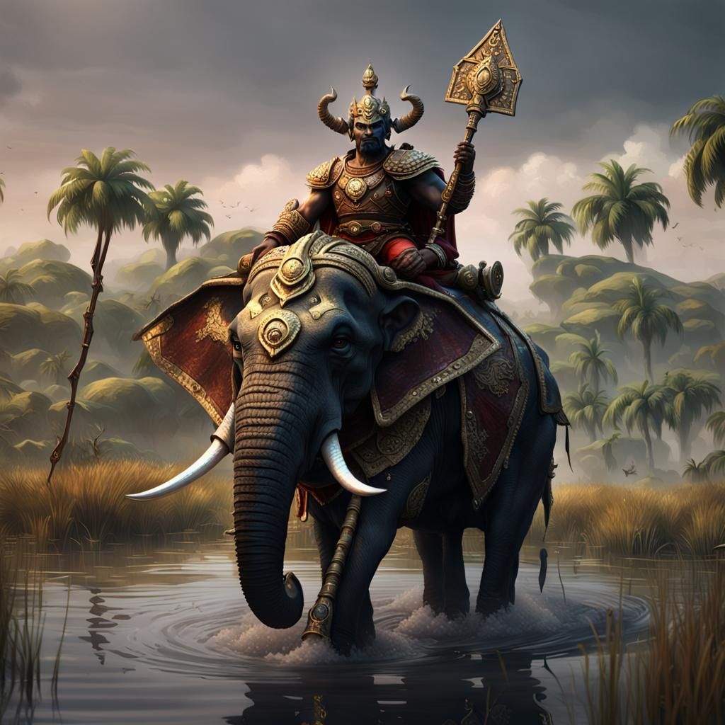 Asura Demon Rides Elephant Through Marshlands