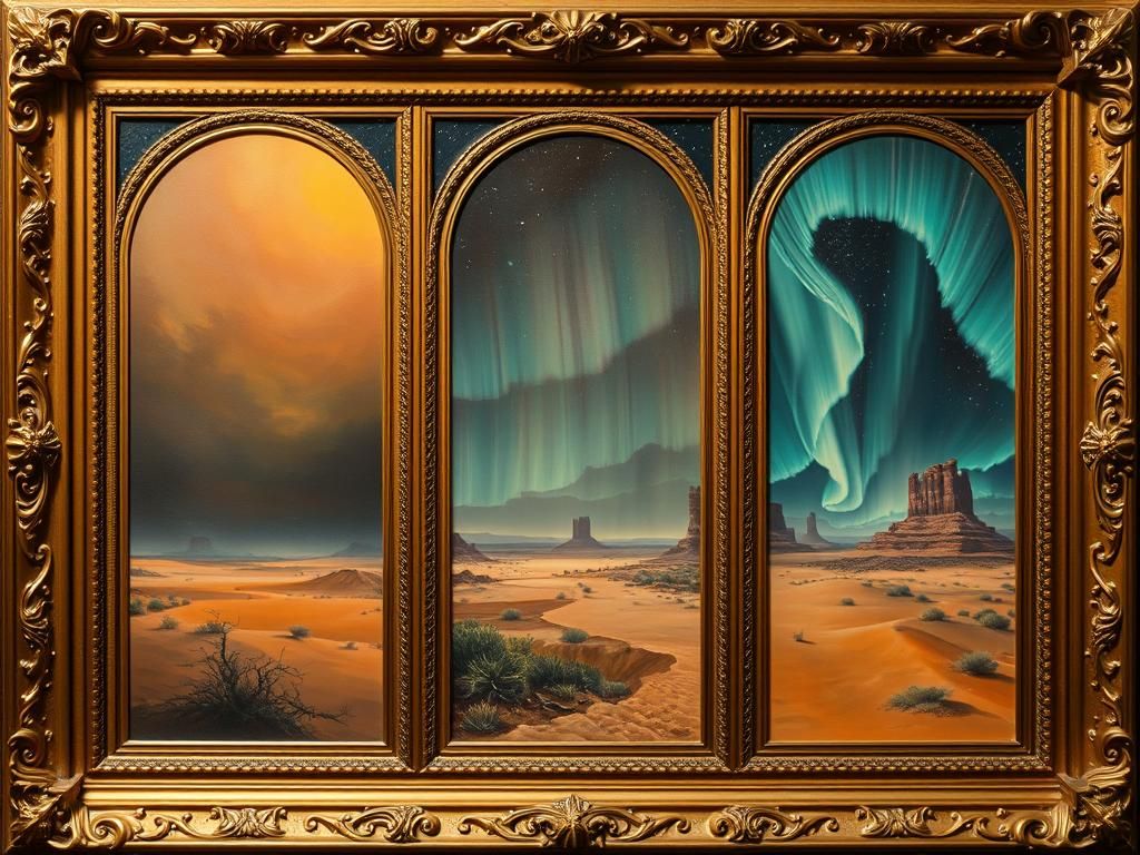 Mystical Desert Aurora Triptych in Gothic Frame