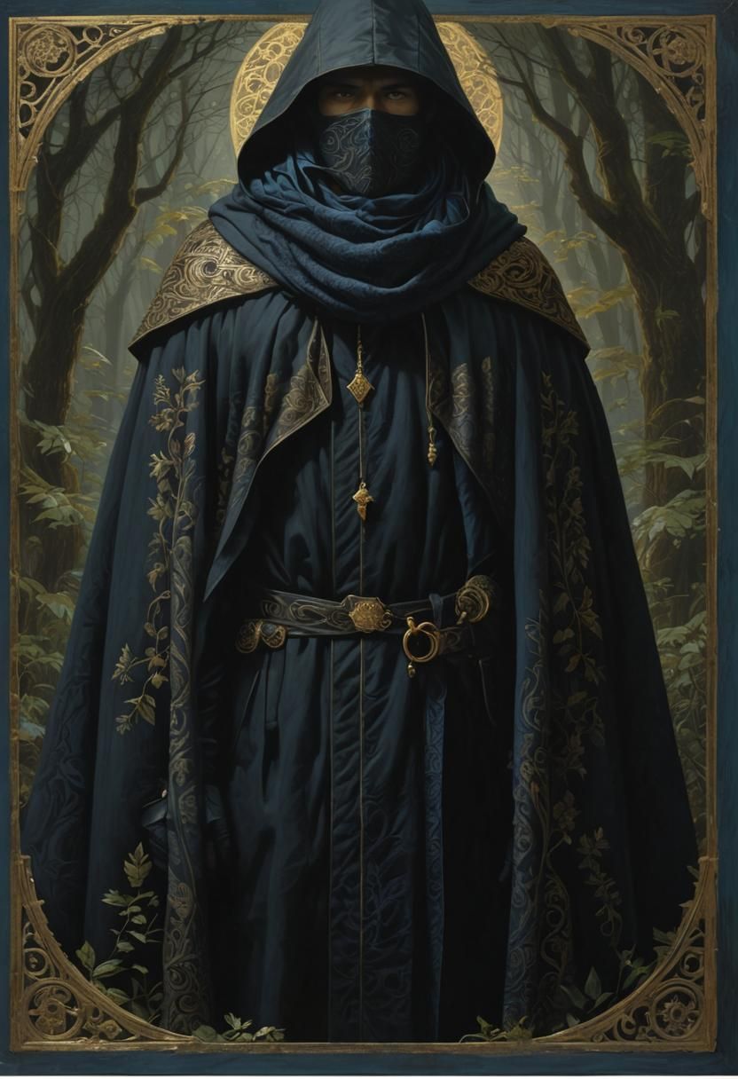 Hooded Man in Moonlit Forest with Mystical Cape