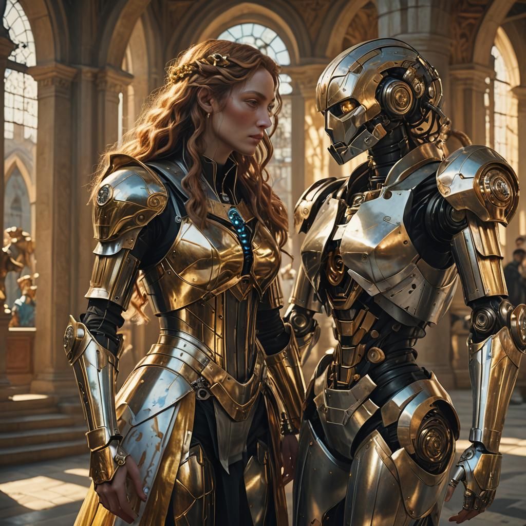 Gothic Woman and Robot Girl in Botticelli Style