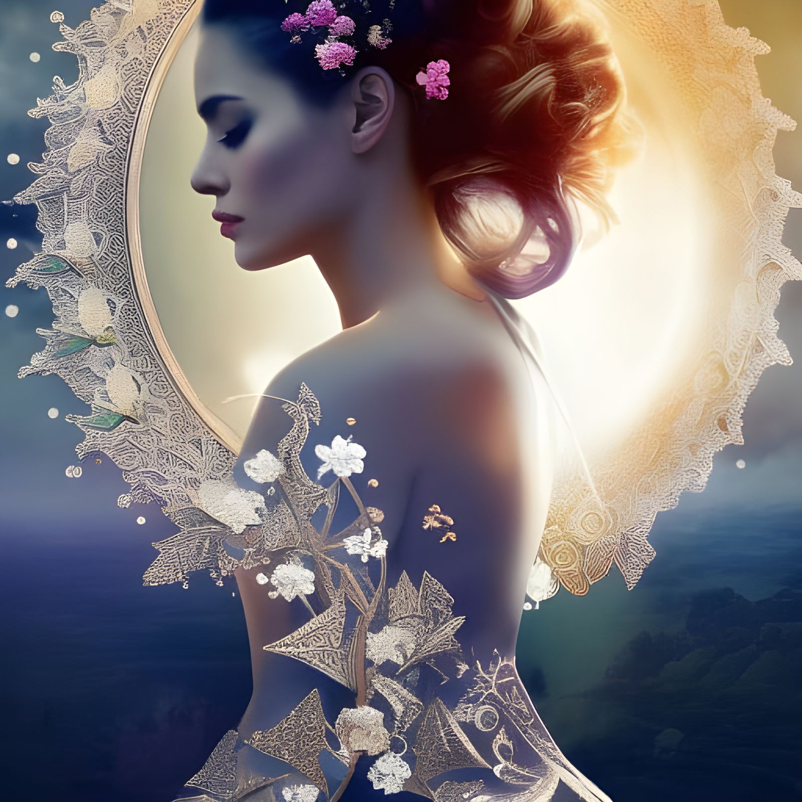 Moon Goddess Collage with Ink and Script Details