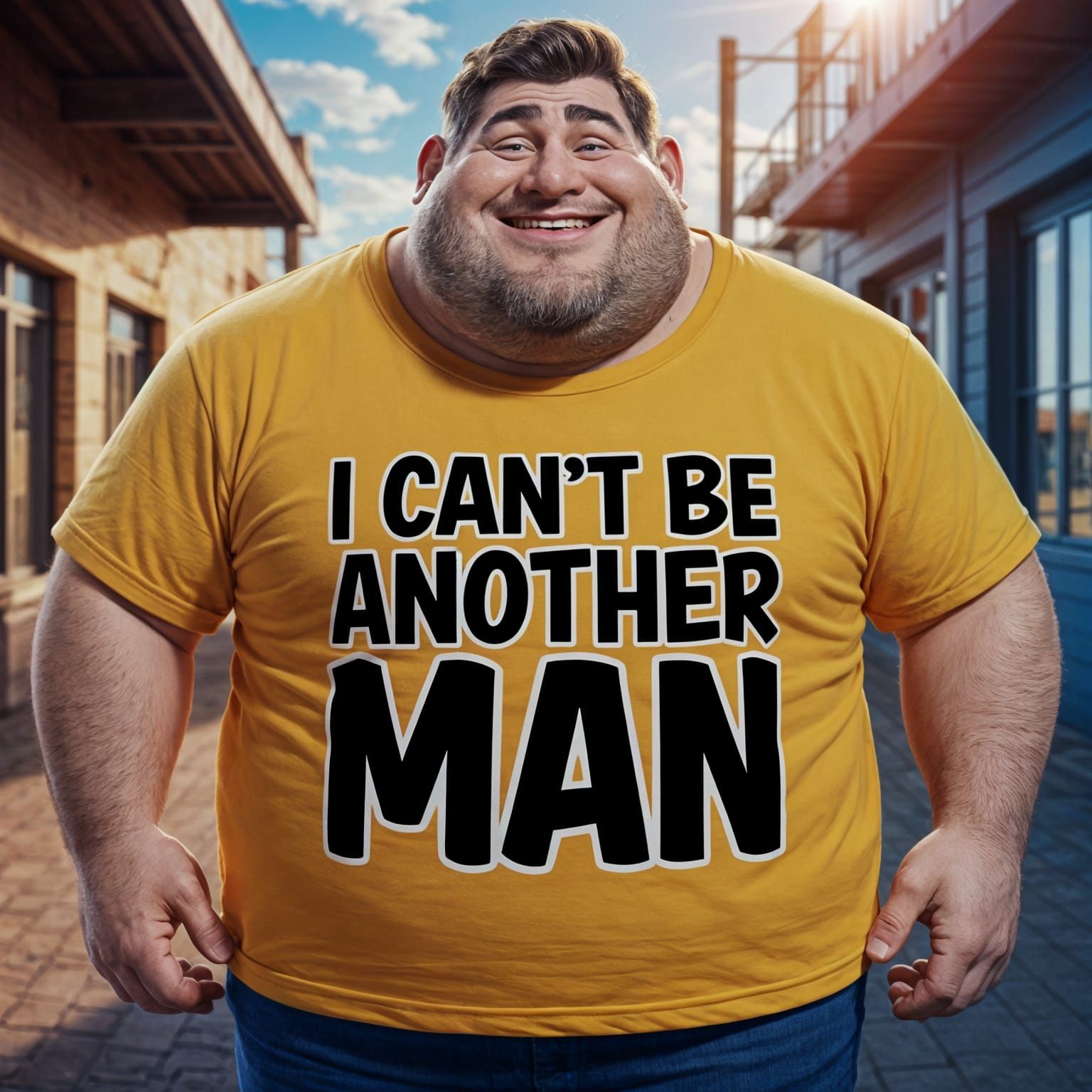 Playful Cartoon Man in Bright Yellow T-Shirt with Humorous H...