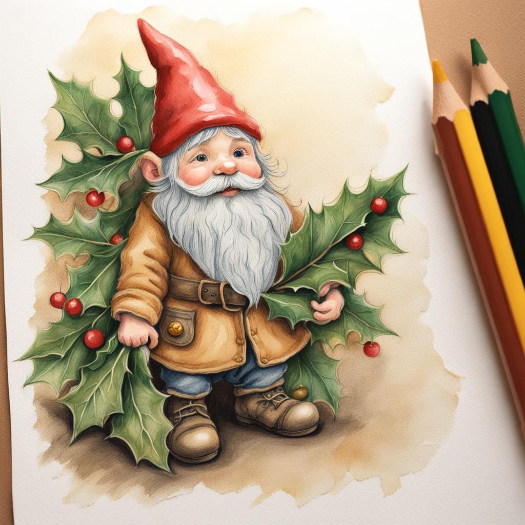 Whimsical Gnome in Vintage Color Pencil Style