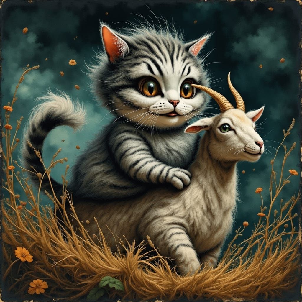Cat Riding Goat in Lush Pasture Impressionist Style