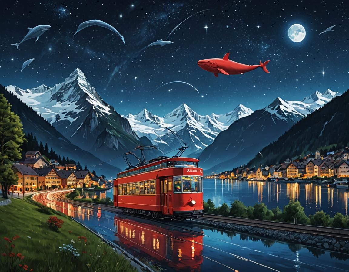 Red Tram and Whale in Starry Swiss Night