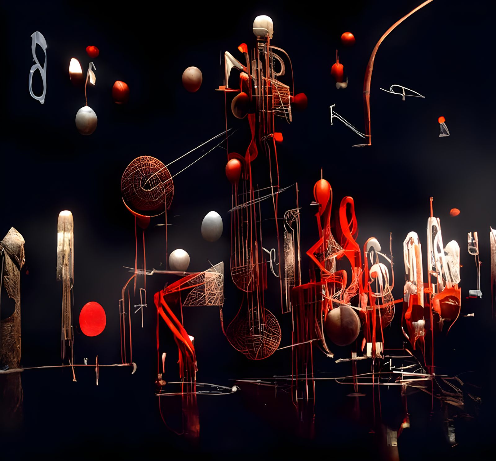 Complex Diagram of Music, Anatomy, and Symbols in 3D