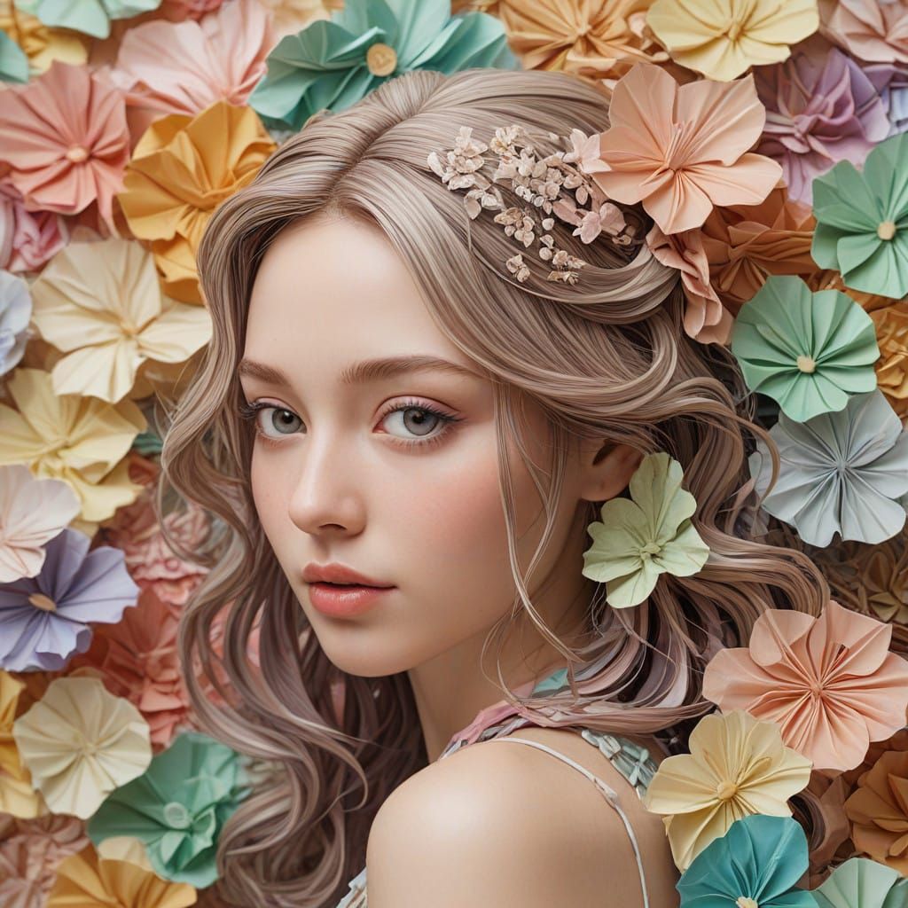 Delicate Origami Goddess in Whimsical Pastel Wonderland
