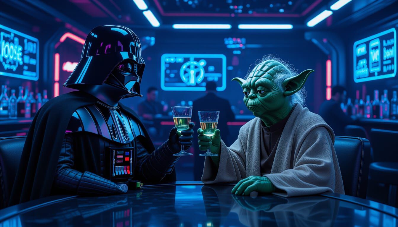 Vader and Yoda Toast in Futuristic Cyberpunk Bar