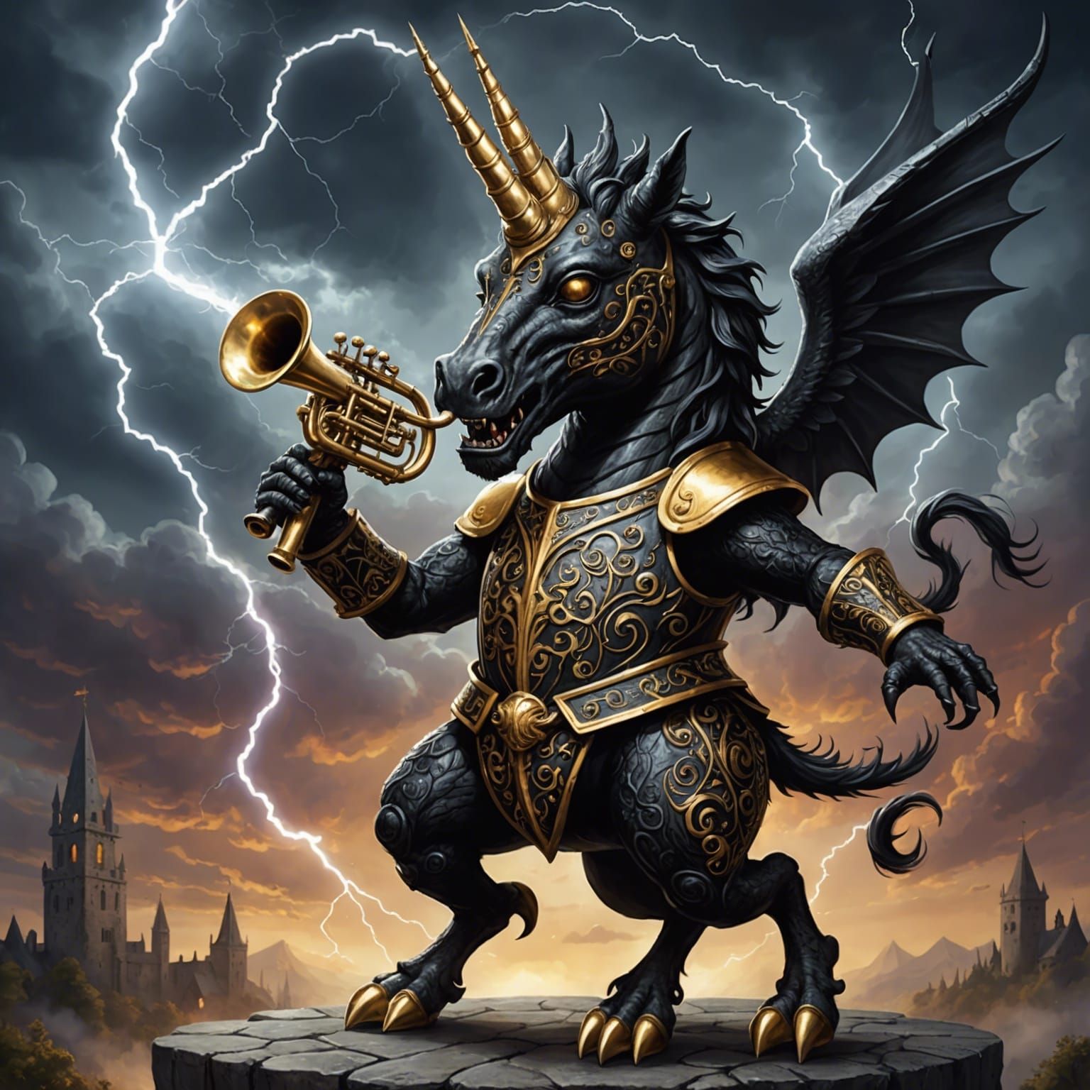 Ornate Medieval Unicorn Bestiary Creature Playing Trumpet